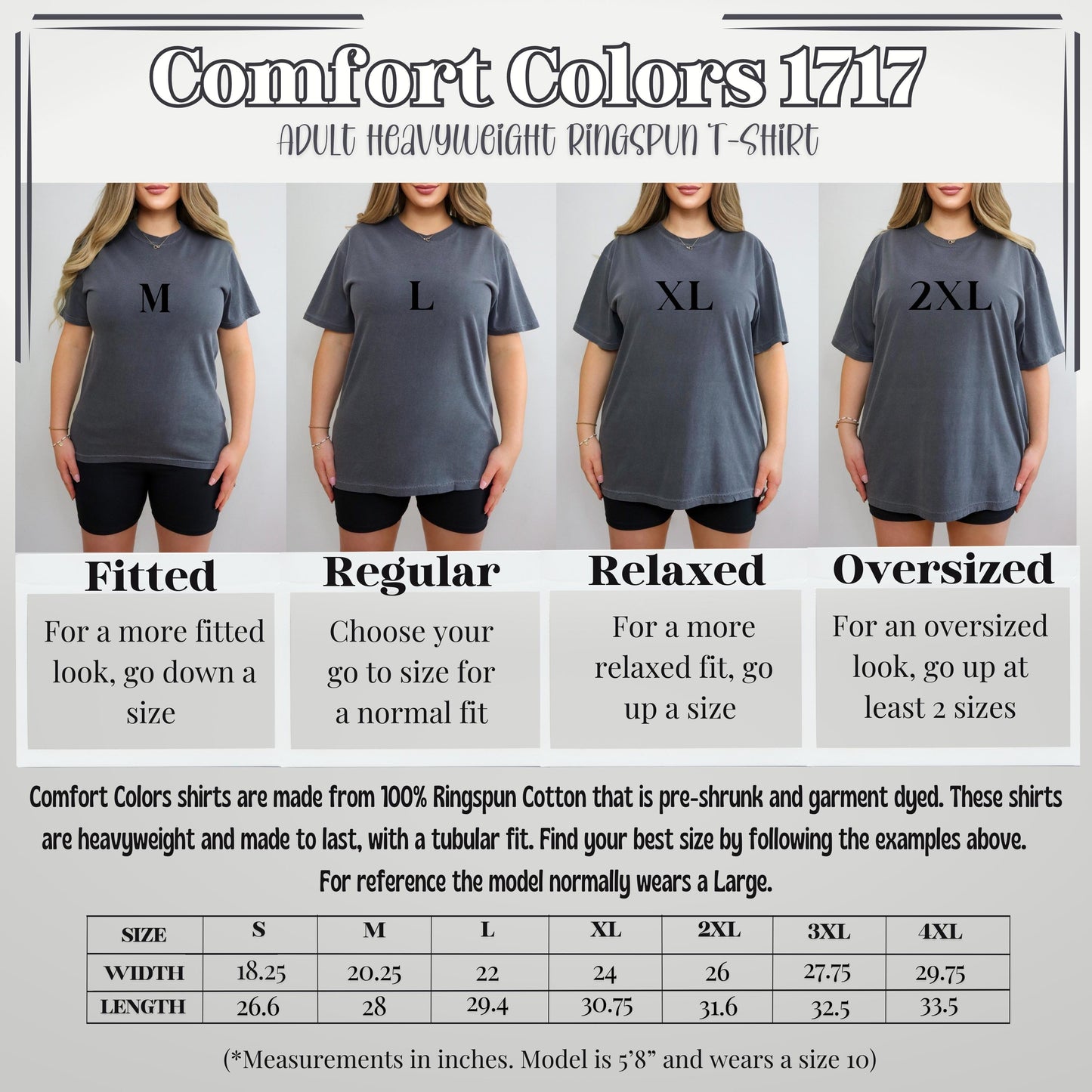 Size chart for Comfort Colors t-shirts showing different fit styles and size measurements.